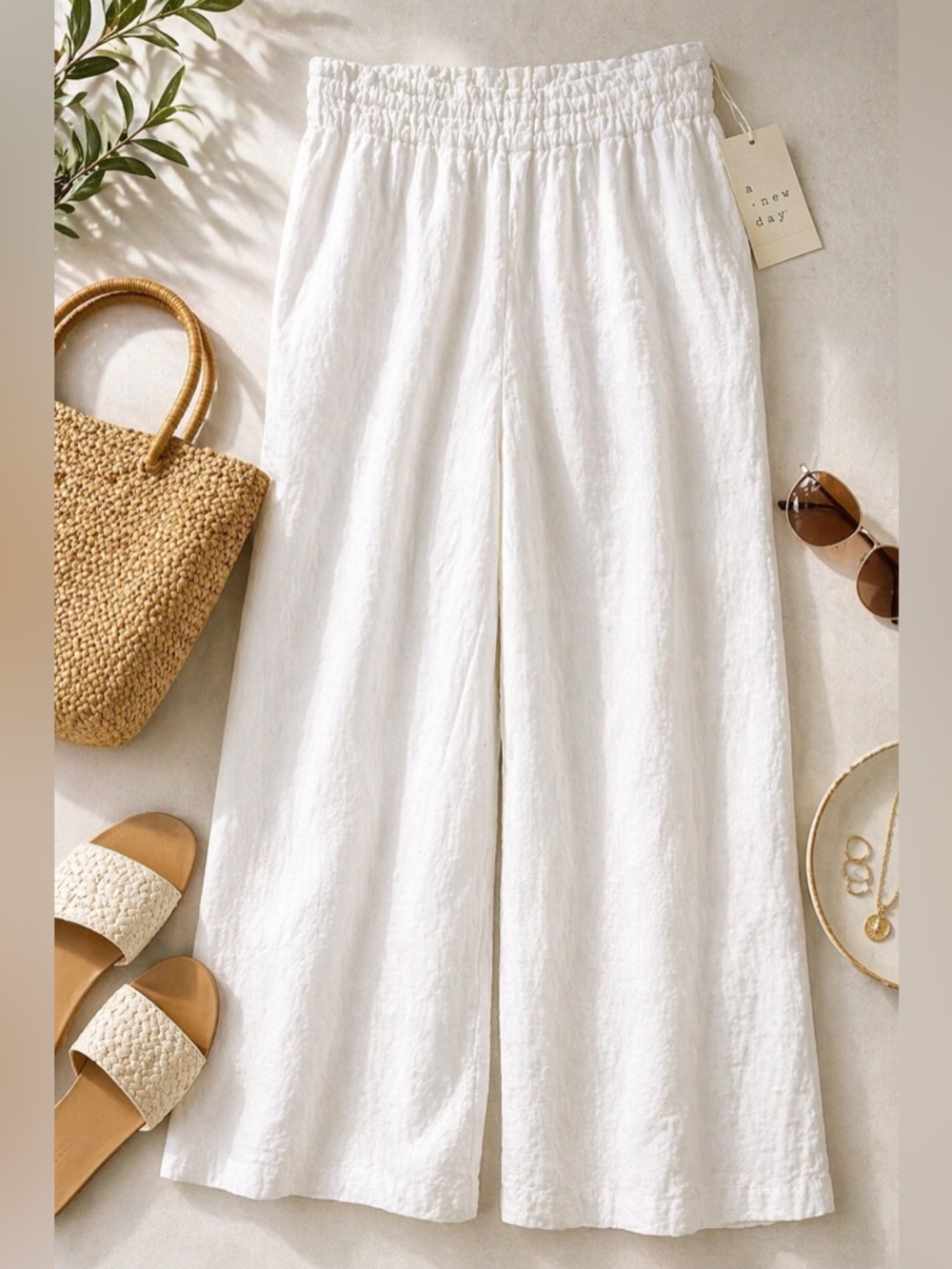 A New Day White Linen Blend Wide Leg Pants XS Elastic Waist Summer Coastal NWT